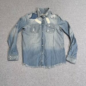 Express Shirt Womens XS Blue Boyfriend Long Sleeve Pearl Snap Distressed
